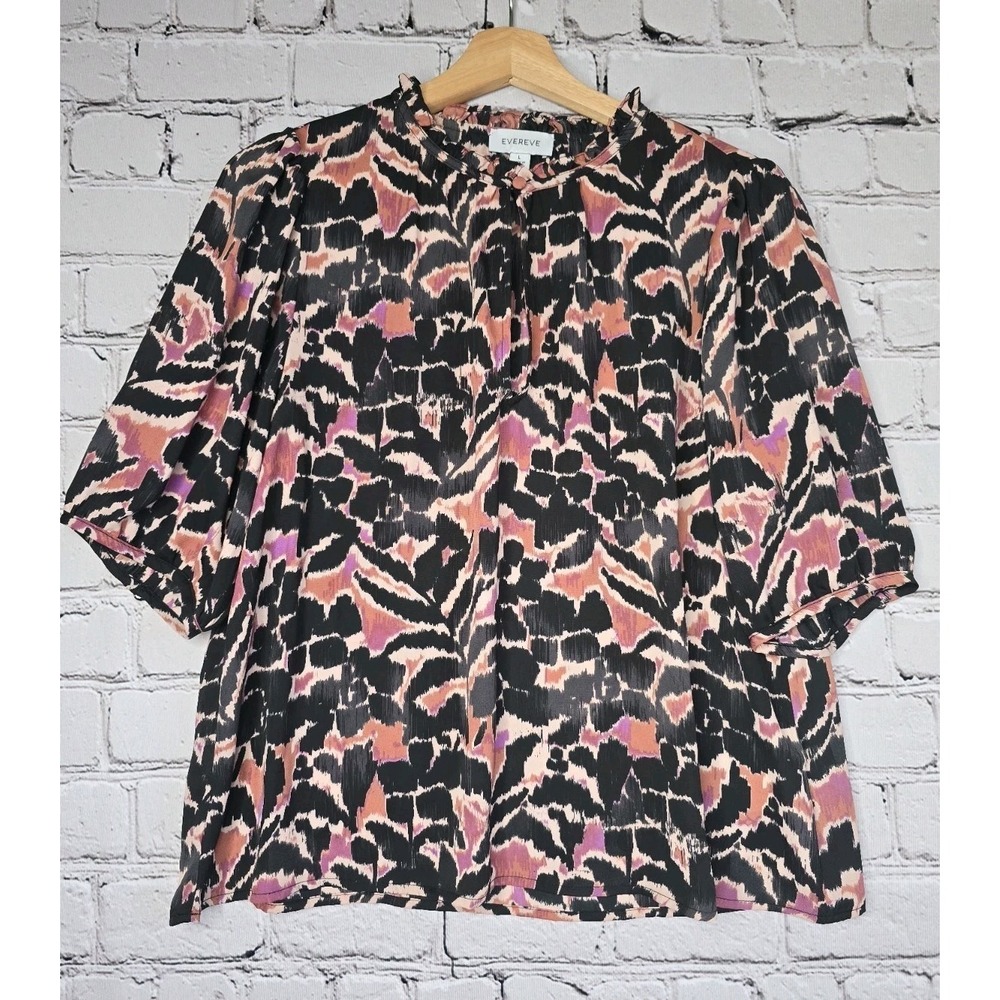 Evereve Blouse Large L Abstract Floral Print Ruffle‎ High Neck Short Sleeve Top